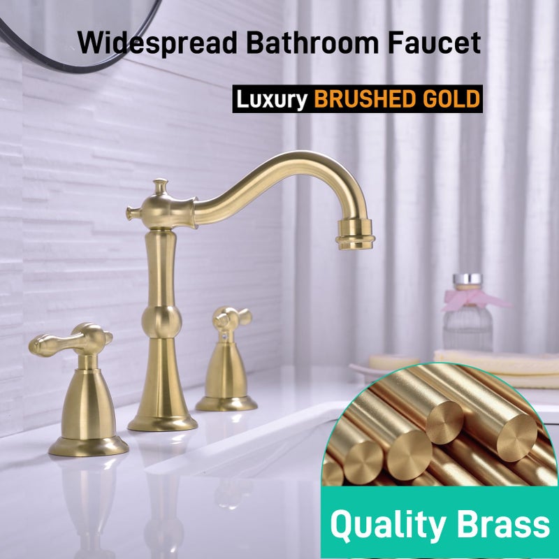 TRUSTMI 8 Inch Widespread Brushed Gold Bathroom Faucet 3 Hole Solid Brass Bathroom Vanity Sink Faucet with Overflow Pop-Up Drain Assembly and cUPC Water Supply Lines - Image 2
